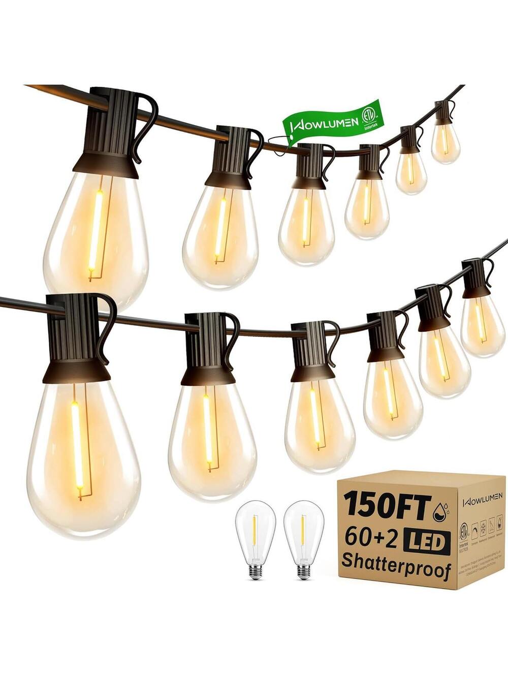 Outdoor String Lights 62Tear-Drop LED Filament Bulbs 2200K Cozy Warm 150FT